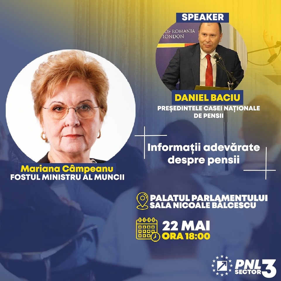 Pensiile românilor vor fi discutate împreună cu Președintele Casei Naționale de Pensii și un fost ministru al Muncii la un eveniment organizat de PNL Sector 3