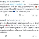 Preşedintele Klaus Iohannis: Salut recomandările istorice de astăzi ale Comisiei Europene de a deschide negocierile de aderare cu Republica Moldova și cu Ucraina
