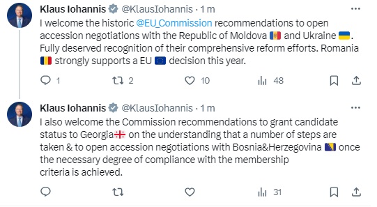Preşedintele Klaus Iohannis: Salut recomandările istorice de astăzi ale Comisiei Europene de a deschide negocierile de aderare cu Republica Moldova și cu Ucraina